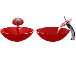 Set complet Chiuveta de blat PRO ERA GLASS si baterie, Forma rotunda, Dimensiuni 42 cm x 42 x 14 cm, Sticla temperata, Red - Img 4