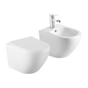 SET Vas WC+BIDEU VILA WHITE, Sistem inovator de spalare Rimless Tornado, Suspendat, Ceramica sanitara, Capac Slim Premium Soft-Close Inclus