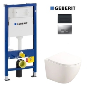 Set Vas WC PRO GEBERIT, Montaj Suspendat, Ceramica Sanitara, Vas WC Rimless Fluminia Alfonzo + Model Capac Soft-Close Inclus + Cadru + Clapeta