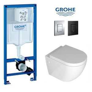 Set Vas WC PRO GROHE, Montaj Suspendat, Ceramica Sanitara, Vas WC LENA RIMLESS + Capac Soft-Close STANDARD Inclus + Cadru + Clapeta