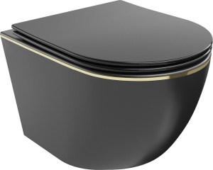Set Vas Wc PRO Lena carlo Negru Mat/Auriu , Tehnologie Rimless, Capac slim cu inchidere lenta