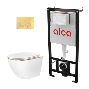 Set Vas WC Suspendat Rea Carlo+Rama instalare Alcadrin+Capac Soft-Close+Clapeta Thin Auriu