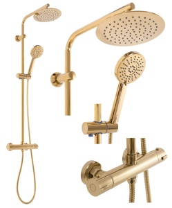 Sistem Complet Cu Termostat De Dus REA BLISS L. GOLD , Montaj Pe Perete, Para Rotunda Tip Ploaie 20 X 20 Cm, 2 Functii , Finisaj Auriu