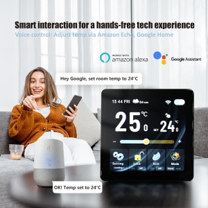 Termostat Digital Smart Wi-Fi SeveShop®, Ecran IPS Touch 4" 480x480, Control Vocal Alexa si Google Assistant, Compatibil Tuya Smart Life, Instalare Rapida 3 Min, Mod ECO si Child Lock, Senzor de Umiditate, Design Negru Modern - Img 5