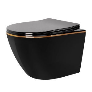 Vas WC REA CARLO MINI RIMLESS, Montaj Suspendat, Ceramica Sanitara, Capac DUROPLAST FLAT Soft-Close Inclus, Negru/Auriu