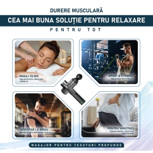 Aparat pentru Masaj Profesional Tip Pistol SeveShop, 8 Capete Interchangeabile, 30 Viteze, Motor Silentios Fara Perii, 3200 Percutii pe Minut, Baterie 2500mAh, Servieta Depozitare Inclusa, Ideal pentru Relaxare si Ameliorare Durere pe Corp, Negru - Img 3