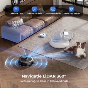 Aspirator Robot Podea 3 in 1 SeveShop® D10S Teendow, Functie Mop, WiFi Navigatie LiDAR 360°, Harti Multi-Etaje, Putere de Aspirare 4500 Pa, Control prin Teendow si Alexa, Spalare, Multi-Suprafete, Aspirare Robot, Autonomie 2600 mAh, Slim 9.8 cm, Negru - Img 4