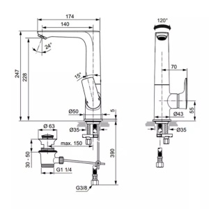 Baterie lavoar inalta Ideal Standard Connect Air argintiu Silver Storm cu ventil si pipa rotativa - Img 4