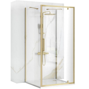Cabina de dus 100x100x100 cm, Rapid Swing, echipata cu 2 pereti si usa batanta, finisaj Auriu Periat