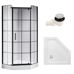 Cabina de dus BS06B Pentagonala, Design Modern 90x90cm ,Culoare Negru , Cu Cadita de dus , Culoare Alb