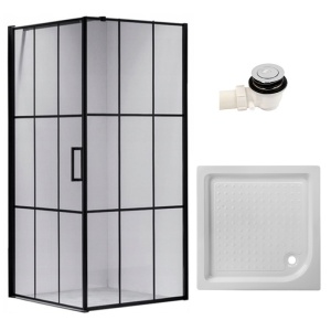 Cabina de dus BS13B patrata 90x90cm, Culoare Negru+Cadita de dus SXL02B, Culoare Alb