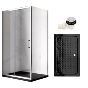 Cabina de dus Dreptunghiulara KZ103C, Dimensiune 120x80cm, Culoare Crom+Cadita de dus SXL03E negru