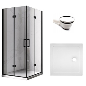 Cabina de dus KZ08D patrata 100x100cm, Negru+Cadita de dus ST06A, Culoare Alb