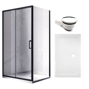 Cabina de dus KZ104 Dreptunghiulara 110x90cm, Negru+Cadita de dus ST04B, Culoarea Alb