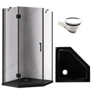 Cabina de dus KZ10C Pentagonala 100x100cm Design Modern + Cadita de dus, Culoare Negru