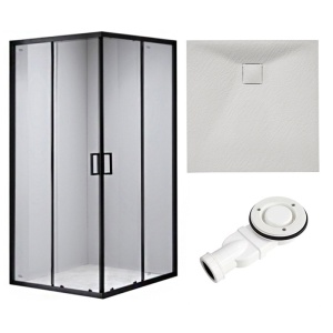 Cabina de dus patrata din sticla securizata cu rame negre si cadita de dus slim alba BL30B/JUKO 90 x 90 cm