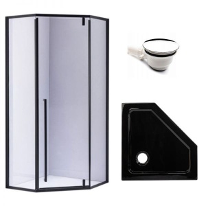 Cabina de dus Pentagonala BS07A, Dimensiune 80x80cm, Culoare Negru + Cadita de dus neagra ST07A