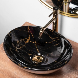 Chiuveta de blat REA SOFIA BLack Marble, Dimensiuni 41 x 34.5x 15 cm, Forma Ovala, Ceramica sanitara, Negru/Auriu - Img 2