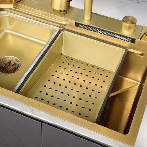 Chiuveta de bucatarie Costa Gold cu o singura cuva si cascada multifunctionala, dimensiune 75x46 cm - Img 6