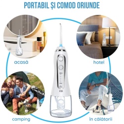 Irigator Oral Profesional pentru Dus Bucal, SeveShop, Fara Fir, Portabil, IPX7, Presiune 30-110 PSI, 6 Capete Curatare, Rezervor 300 ml, Baterie 2000mAh, 5 Viteze, Curatare Interdentara si Subgingivala, Protectie Supraincalzire, Alb Alpin - Img 6