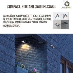 Lampa Solara LED Portabila de Exterior, Neosimply Camping, 1000 lumeni, 21 OSRAM LEDs, 4 Moduri de utilizare, cu senzor de proximitate si panou solar detasabil prin cablu de 4 Metri - Gri Antracit - Img 2