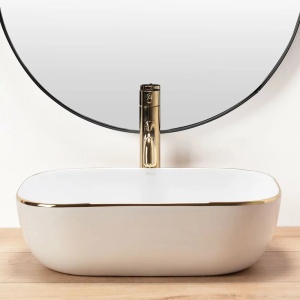 Lavoar de blat REA BELINDA GOLD EDGE, Dimensiuni 45.5 cm x 32x 14 cm, Ceramica Sanitara, fara gaura baterie, Alb - Img 3