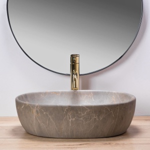 Lavoar de blat REA LARA BEIGE, 48.5x 35x 13.5 cm, Montaj Pe Blat, Design Deosebit, Forma Rotunda, Ceramica Sanitara, Bej - Img 3