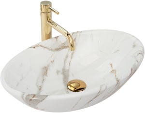Lavoar de blat REA PAMELA AJAX SHINY, 53x 33x 15 cm, Montaj Pe Blat, Design Deosebit, Forma Rotunda, Ceramica Sanitara, Alb imitatie piatra