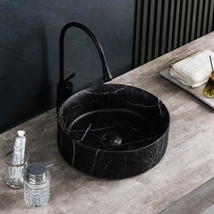 Lavoar pe blat, Lava, marmura ceramica negru cu model alb, Rotund 36cm - Img 9