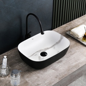 Lavoar pe Blat, Milo, Marmura Ceramica Alb cu Model Marmura Interior-Negru Mat Exterior , Dreptunghiular 45,5 x 32,5 x 13,5 cm - Img 5