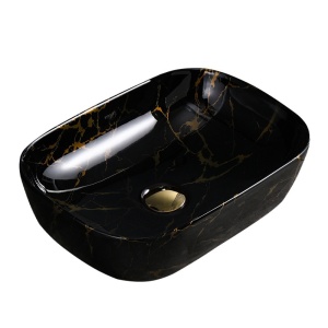 Lavoar pe Blat, Milo, Marmura Ceramica Negru Lucios cu Model Auriu , Dreptunghiular 45,5 x 32,5 x 13,5 cm - Img 1
