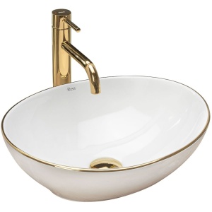 Lavoar REA Sofia Gold Edge, 41x34.5x15 cm, montaj pe blat, design deosebit, ceramica sanitara, Alb - Img 1