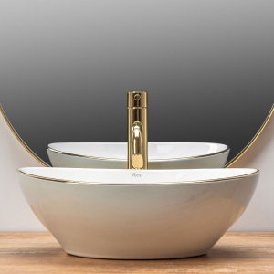 Lavoar REA Sofia Gold Edge, 41x34.5x15 cm, montaj pe blat, design deosebit, ceramica sanitara, Alb - Img 3