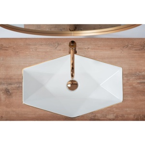 Lavoar REA VEGAS ROSE GOLD EDGE 57x37 cm, montaj pe blat, design deosebit, ceramica sanitara, Alb - Img 6