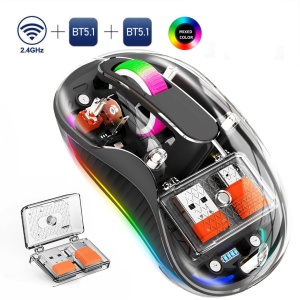 Mouse Wireless Transparent ODISSEY LIFE® Home & Office, Reincarcabil, Silent click, Iluminare RGB, Triple-Mode, 2 recivere, compatibil MacBook/ipad/Laptop BT 5.1, magnetic cover, Black