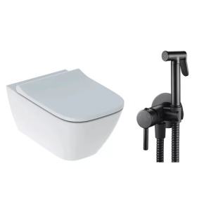 Pachet vas wc suspendat Geberit Smyle, capac softclose si set dus igiena intima negru cu baterie incastrata Rea Loop - Img 1