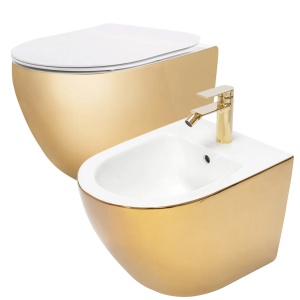Set Bideu REA CARLO MINI Si Vas WC REA CARLO MINI FLAT, Montaj Suspendat, Ceramica Sanitara, Capac Soft-Close Inclus, Alb/Auriu