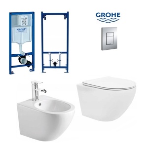 Set Bideu si Vas WC GROHE,montaj suspendat, ceramica sanitara, Vas WC VERA Alfonzo RIMLESS +Bideu +Capac Soft-Close SLIM PREMIUM +Cadru +Clapeta