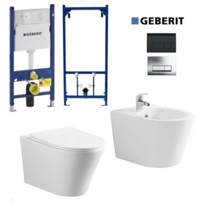 Set Bideu si Vas WC PRO GEBERIT, montaj suspendat,ceramica sanitara, Vas WC SONATA Clementina RIMLESS+Bideu +Capac Soft-Close Inclus SLIM +Cadru+Clapeta - Img 1