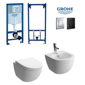 Set Bideu si Vas WC PRO GROHE, montaj suspendat, ceramica sanitara, Vas WC VERONA Minerva RIMLESS +Bideu +Capac Soft-Close Inclus +Cadru +Clapeta