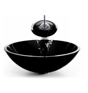 Set complet Chiuveta de blat PRO ERA GLASS si baterie, Forma rotunda, Dimensiuni 42 cm x 42 x 14 cm, Sticla temperata, Neagra