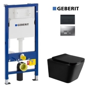 Set GEBERIT Vas WC IMPERIA RIMLESS + Capac Soft-Close SLIM Inclus + Cadru + Clapeta, Montaj Suspendat, Ceramica Sanitara, Negru Mat - Img 1