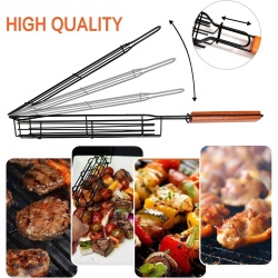Set pentru Gratar compus din 4 grile extra lungi din otel inoxidabil cu maner de lemn plus manusa si termometru digital pentru carne, legume, fructe de mare - Img 2