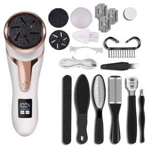 Set Pila Electrica pentru Talpi si Calcaie SeveShop, Display Digital, Acumulator 1200 mAh, Incarcare USB, Impermeabil, 2 Viteze 2400 Rot/min, 3 Capete Incluse pentru Indepartarea Pielii Moarte si Calusurilor, LED Lanterna pentru Utilizare Usoara, Alb