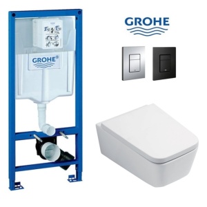 Set Vas WC PRO GROHE, Montaj Suspendat, Ceramica Sanitara, Vas WC CUBIC RIMLESS + Capac Soft-Close STANDARD Inclus + Cadru + Clapeta
