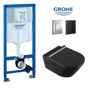 Set Vas WC PRO GROHE, Montaj Suspendat, Ceramica Sanitara, Vas WC SONET BLACK RIMLESS + Capac Soft-Close SLIM Inclus + Cadru + Clapeta
