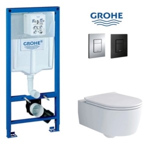 Set Vas WC PRO GROHE, Montaj Suspendat, Ceramica Sanitara, Vas WC Villeroy&Boch Soul Direct Flush + Capac Slim Soft-Close Inclus + Cadru + Clapeta