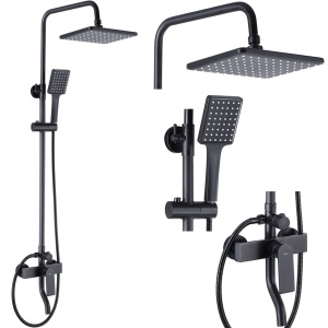 Sistem Complet De Dus REA HASS BLACK, Montaj Pe Perete, Para Dreptunghiulara Tip Ploaie 19,5 x 26,5 Cm, 3 Functii , Finisaj Negru Mat