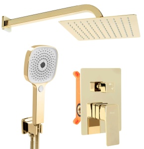 Sistem Complet De Dus REA ORIX GOLD BOX, Montaj In Perete, Para Patrata Tip Ploaie 25x25 Cm, 2 Functii De Curgere A Apei, Finisaj Auriu