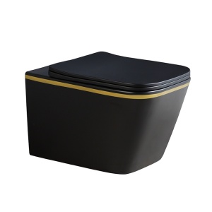 Vas Wc suspendat Rain Rimless Black Mat Gold Edge , capac soft-close inclus